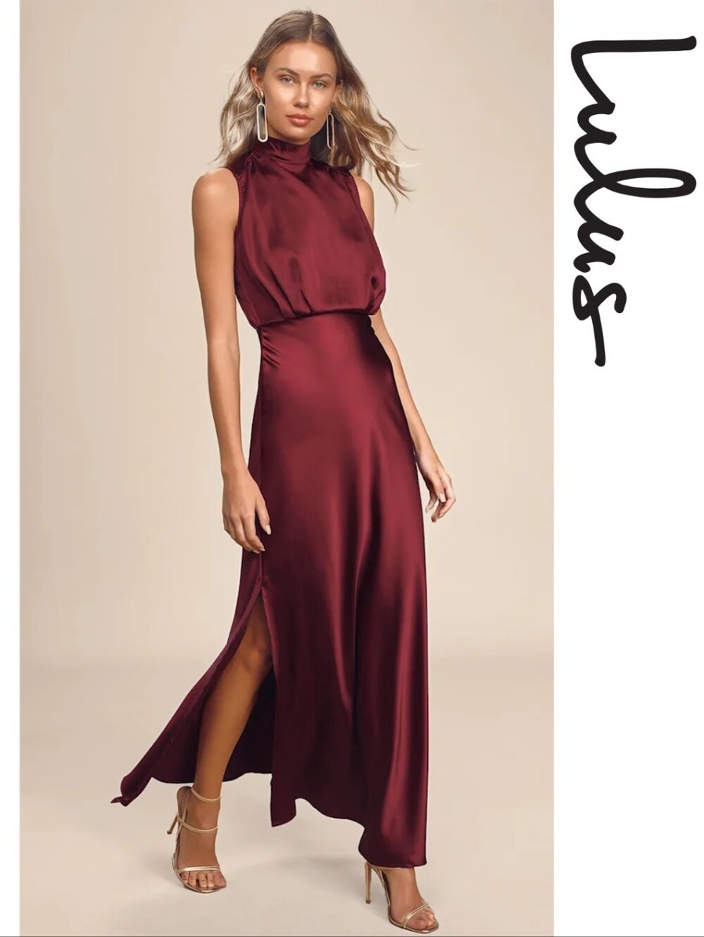 Lulu's - 
Classic Elegance Wine Satin Maxi Dress